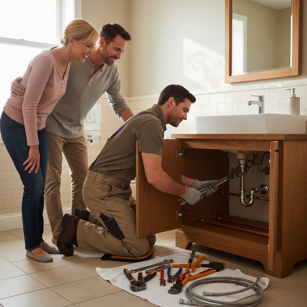 Plumber repairing pipes under bathroom sink in Paramount home