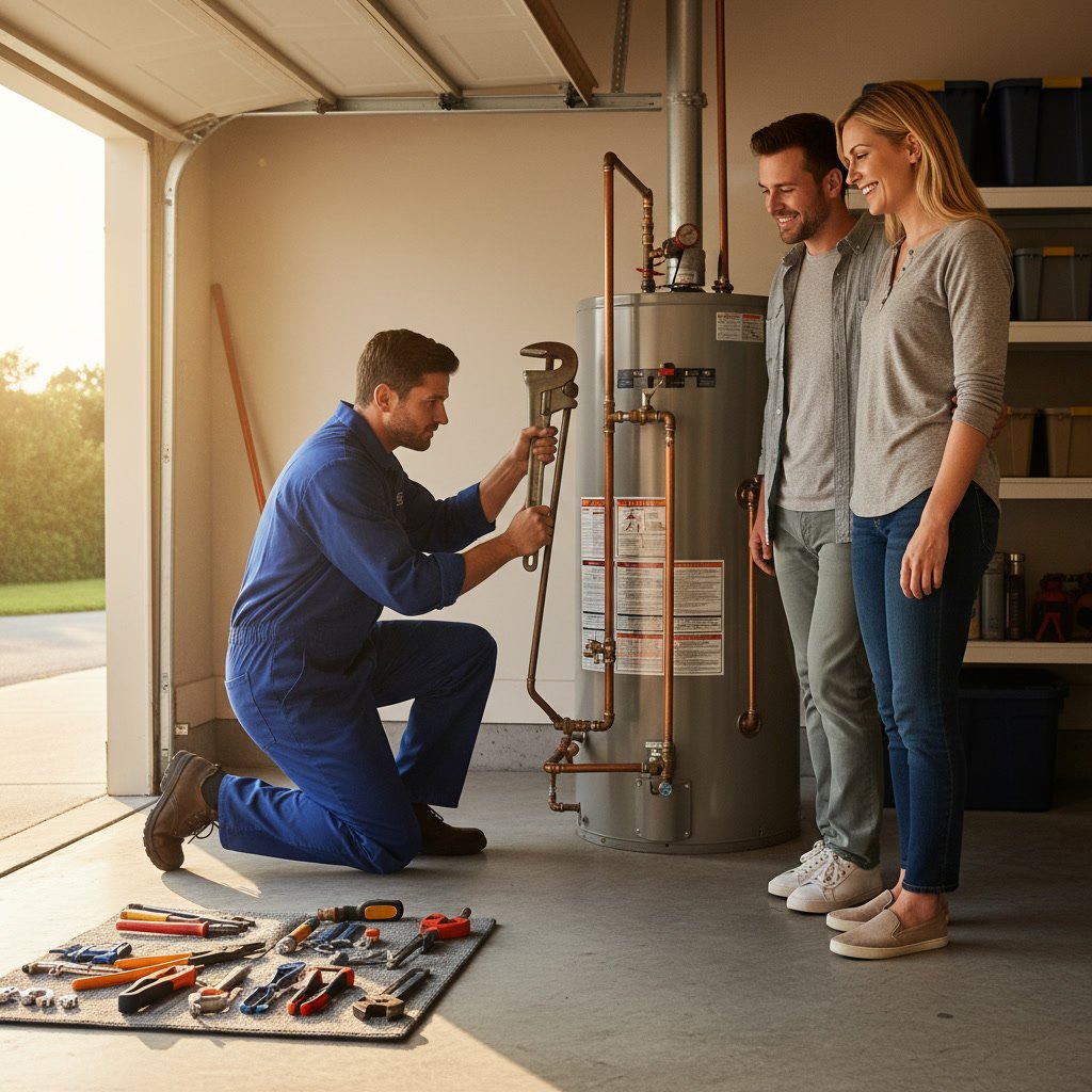 Plumber repairing water heater connections in Carson home garage