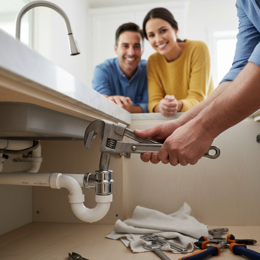 Plumber tightening pipe connection under sink during drain repair in South Gate